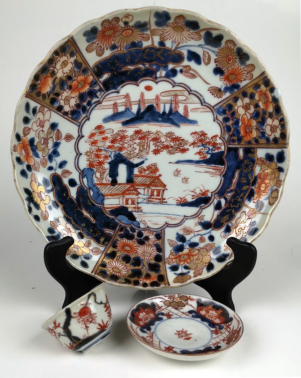 Large Igezara blue and white Japanese porcelain charger of three winter friends 