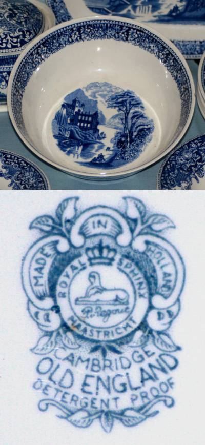 Dutch tableware. Blue and white transfer ware by Royal Sphinx, Petrus Regout, Maastricht