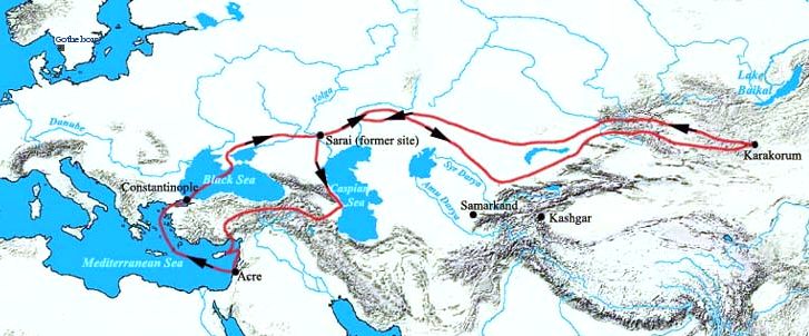 Map of Rubruck's travel route